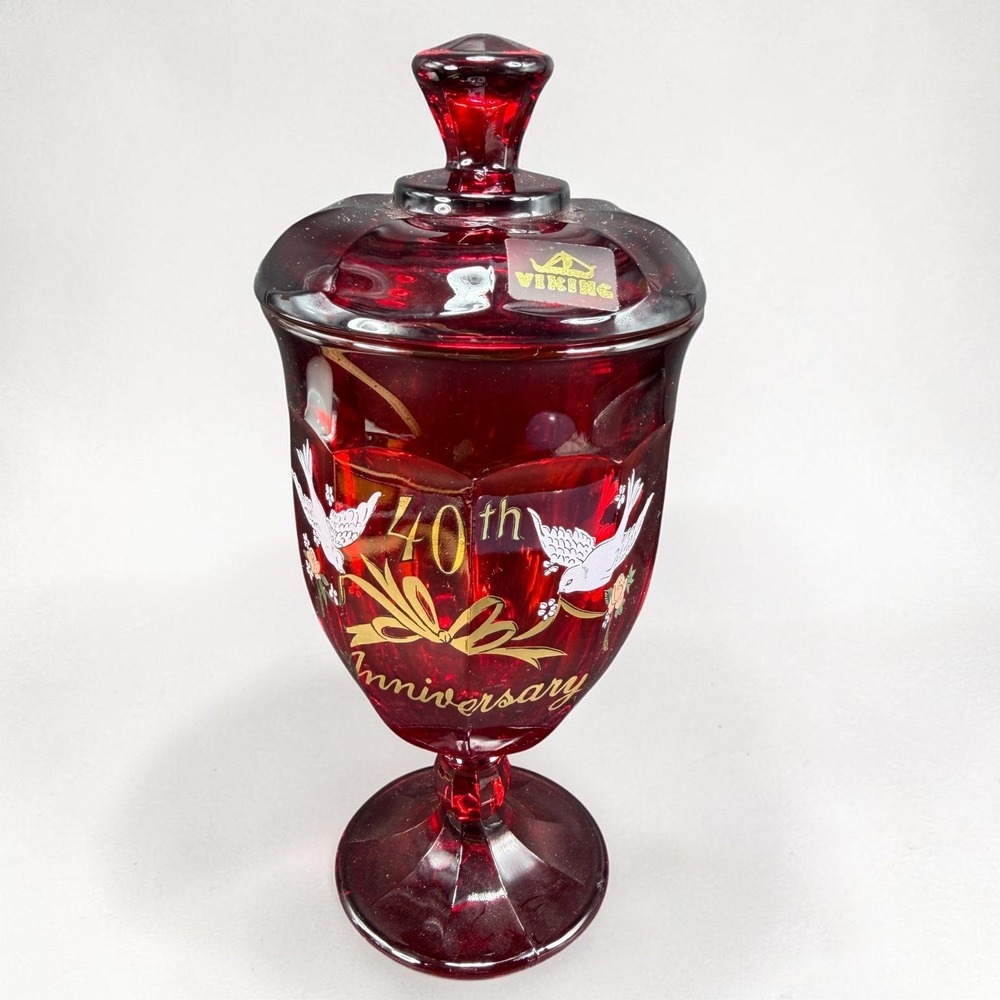 Viking Glass Ruby Red 40th Anniversary‎ Candy Dish Lid Doves Vintage 9 inch